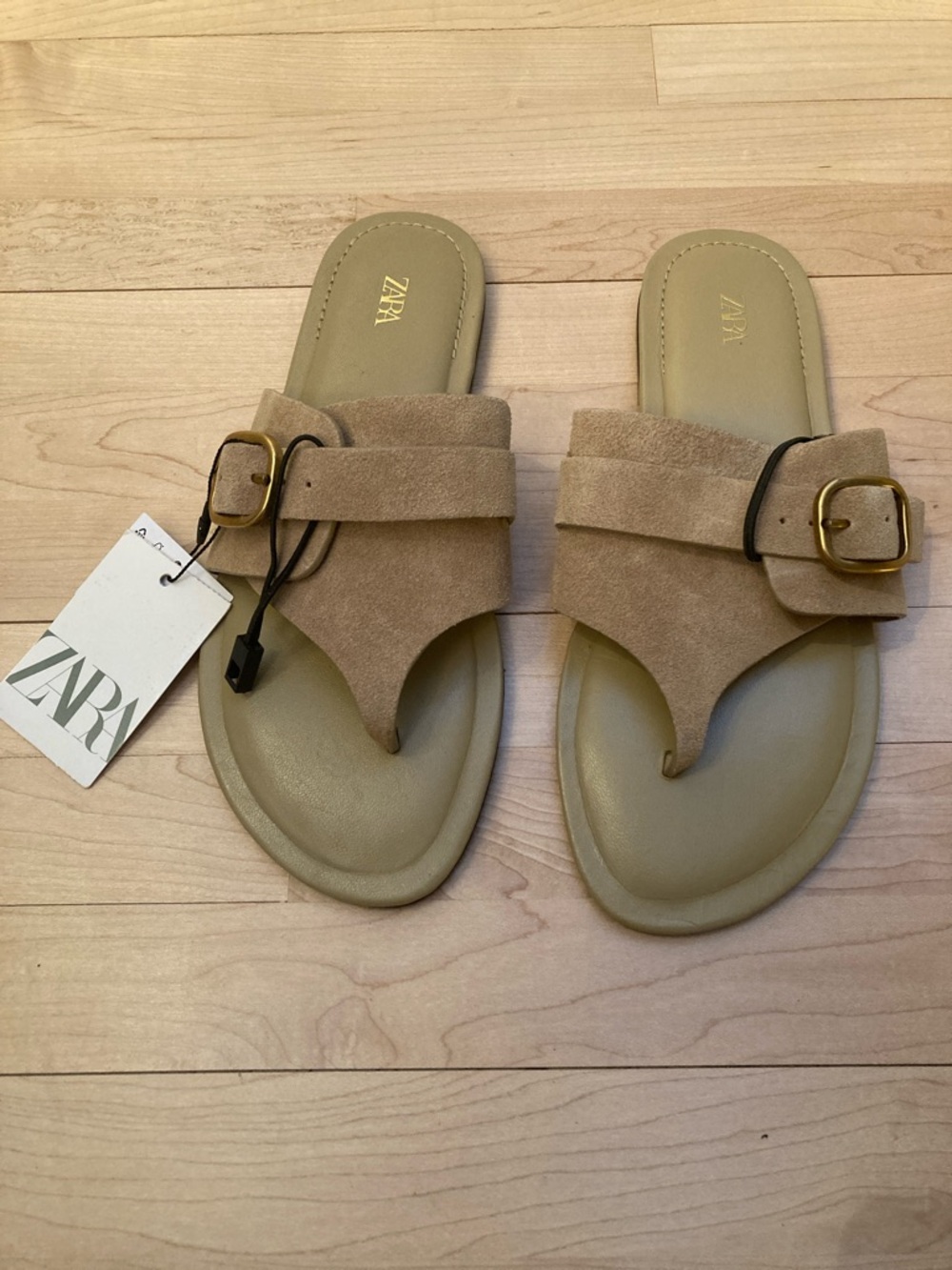 ZARA Tan Suede Buckle Toe-Post Sandals